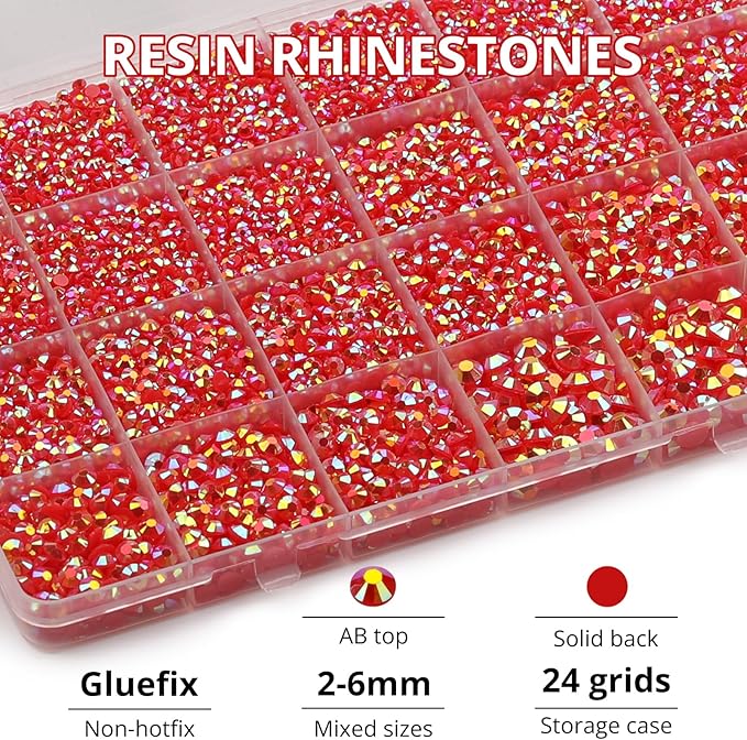 31000Pcs Red AB Resin Rhinestones for Bedazzling, 2-6mm Mixed Sizes Rhinestones, Bedazzled Flatback Gems Crystals Jewels Diamonds Gemstones Stones with Glue for Crafting Clothes Crafts