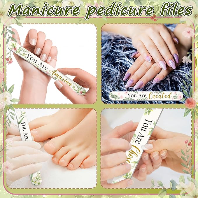 Therwen 50 Pack Inspirational Gift for Women Flower Christian Double Sided Nail File Bulk Mini Emery Board Thank You Gift for Employee Teacher Staff Coworker Women Mother