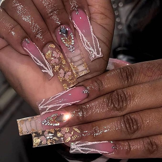 Press on Nails Long Coffin Fake Nails Pink Ombre Full Cover Acrylic False Nails with Butterfly Charm Rhinestone Designs Long Square Nails Press Ons Sparkly 24Pcs Stick on Nail for Women and Girls