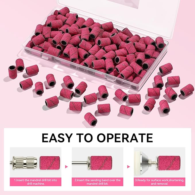Makartt Sanding Bands for Nail Drill - 100 Pcs Nail File Sanding Bands for Drill Bits #80 Medium Grits for Acrylic Nails Gel Removing and Shaping, Upgrade Thicker Durable Sanding Drill Bit, Pink