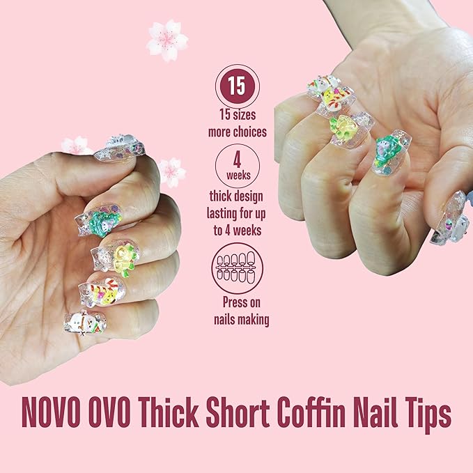 NOVO OVO Short Coffin Thick Natural Nail Tips Press on, No C Curve Ballerina Soak Off Soft Gel Fake Nail Extension, Full Cover False Nails for Acrylic French, Salon DIY x 15 Sizes 510 pcs