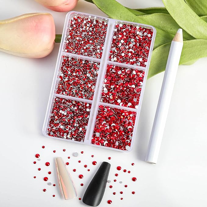 Beadsland 7200pcs Flatback Rhinestones, Red AB Rhinestone Nail Gems Round Crystal Rhinestones for Crafts,Mixed 6 Sizes with Wax Pencil Kit, SS3-SS10, Light Siam