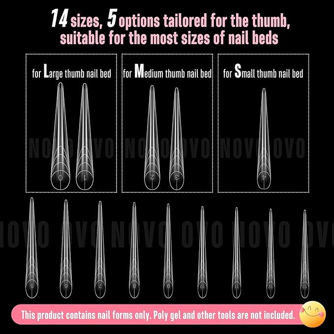 NOVO OVO XXL XXXL Russian Almond/Coffin Nail Dual Forms for PolyGel Extension, NOT NAIL TIPS, Suitable for Hard/Builder/Poly Gel, Reusable Soft Gel Full Cover Molds 70 Pcs x 14 sizes