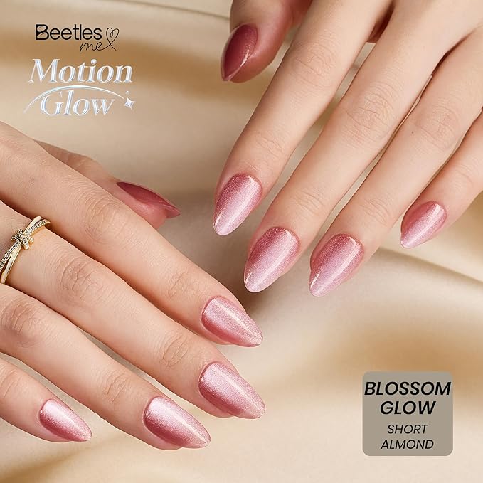 Beetles Motion Glow Cat Eye Press On, Short Almond Press On Nails Kit with Fast-Dry Nail Glue & Adhesive Tabs, 32pcs 16 Sizes, Girls Stick On Nails for Women Blossom Glow
