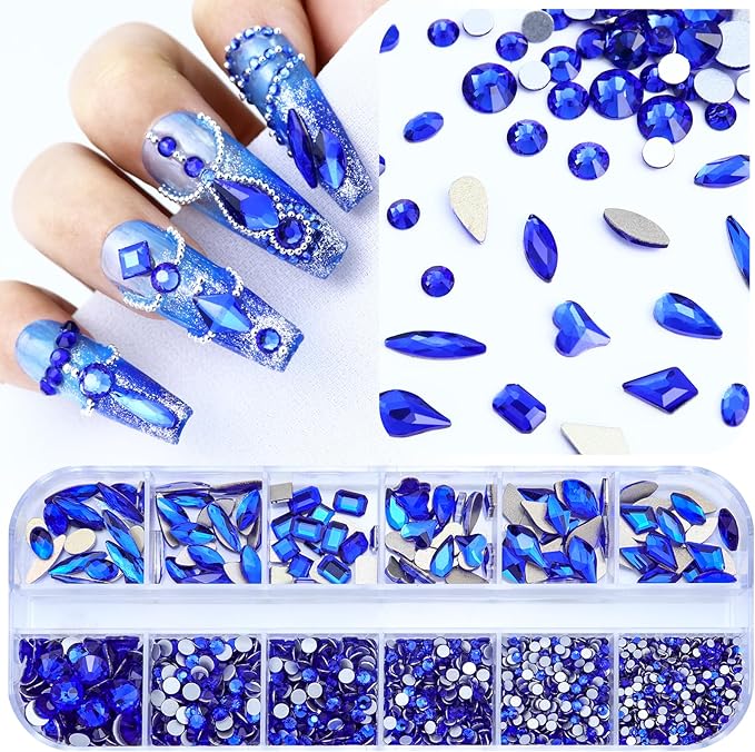 Dowarm 3200PCS Nail Art Rhinestones, Blue/Sapphire Flatback Rhinestones for Nails, Crafts, 12 Styles 3D Glass Crystal Nail Gems, Glitter Diamond
