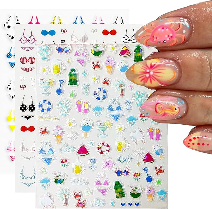 3 Sheets Swimsuit Series Nail Stickers Embossed Nail Art Stickers Summer Nail Decals with Swimming Ring Ice Cream Designs Cute Nail Art Sticker DIY Self-Adhesive Supplies for Women Girls