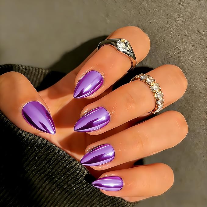 Chrome Press on Nails Short Almond, Metallic Purple Fake Nails with a Sparkle Mirror Finish, Glitter Glue on Nails for Women Birthday Party, Thick Quality Soft Gel Nail Press ons 30 Pcs