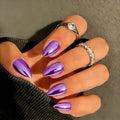 Chrome Press on Nails Short Almond, Metallic Purple Fake Nails with a Sparkle Mirror Finish, Glitter Glue on Nails for Women Birthday Party, Thick Quality Soft Gel Nail Press ons 30 Pcs