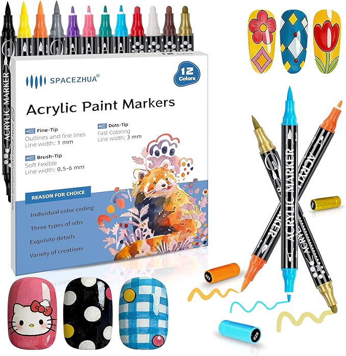 Nail Art Markers 12 Color Set Nail Polish Pens Marker, Acrylic Paint Markers with 3 Types of Pen Tips (0.5/1.0/3.0mm) Non-Toxic Quick-Drying Waterproof for Women DIY Nails Art Design Manicure Tools