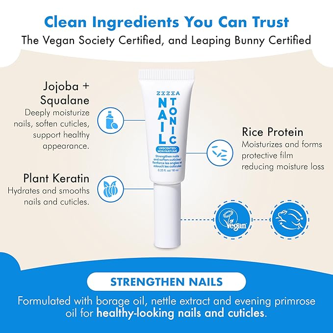 Zizia Unscented Nail Tonic – Nourishing Nail and Cuticle Oil with Squalane, Rice Protein, and Jojoba – Clean, Vegan, Cruelty-Free, Fragrance-Free Formula – Travel Essentials - 0.33 fl oz (10 ml)