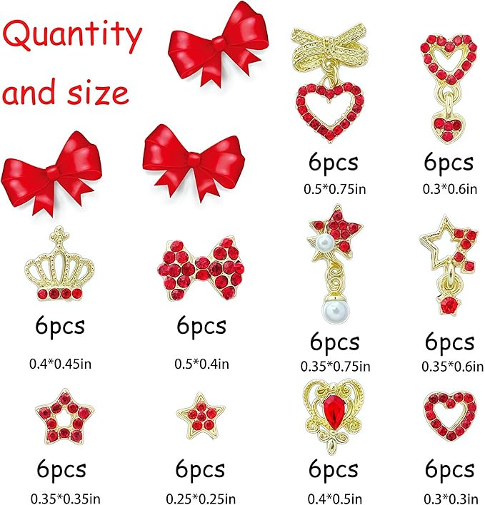 60PCS Nail Charms and Gems Red Rhinestones for Nails Design，3D Heart Star Crown Bow Y2k Nail Jewels Bulk Nail Art Decor Set
