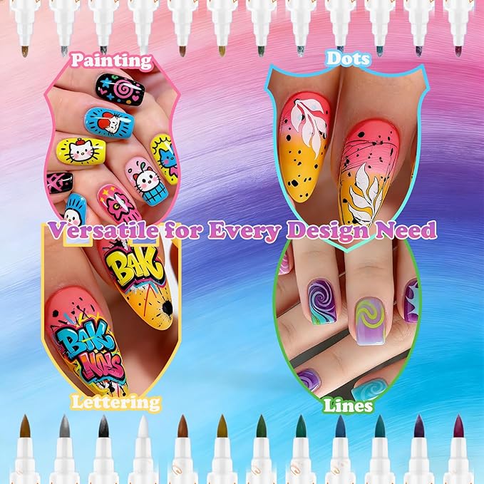 12 Colors Double-Ended Nail Polish Pens, Quick Dry 3D Acrylic Paint Markers for Nails, Fine Tip Liner Brush & Dotting Tool Set for DIY Nail Art Drawing