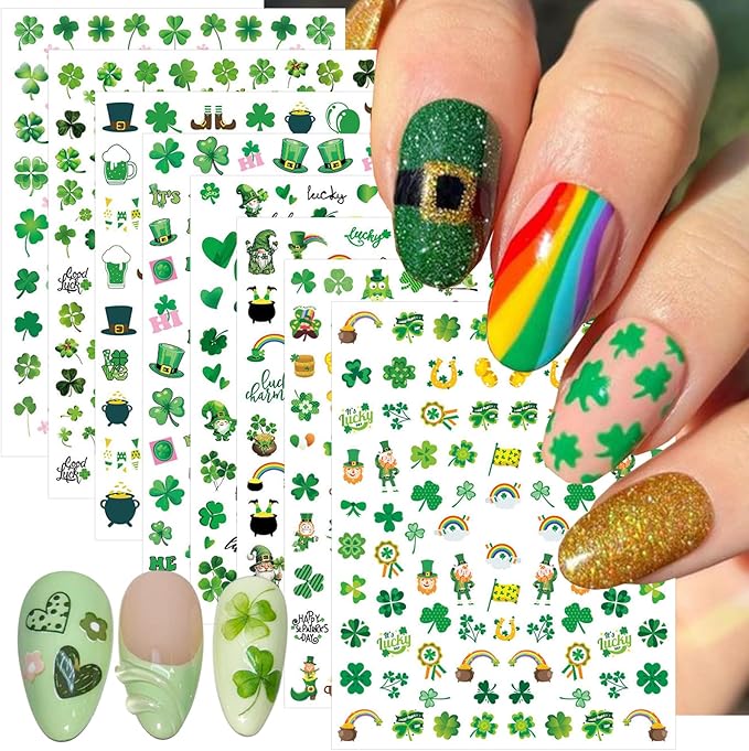 8 Sheets St Patricks Day Nail Art Stickers Set Green Shamrock Stickers for Nails 3D Self-Adhesive Design Decals Irish Personalized Lucky Clover Nail Sticker for Women DIY Manicure Decoration