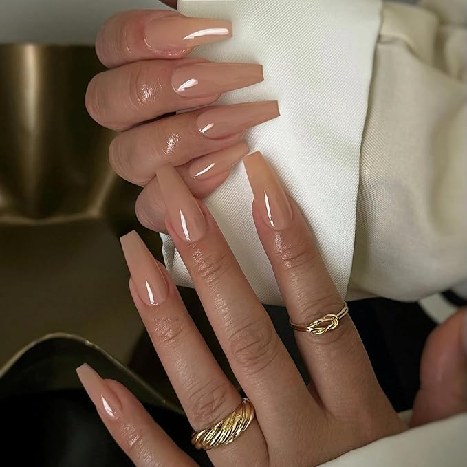 Ballerina Press on Nails Extra Long, Glossy Nude Fake Nails Coffin Solid Acrylic Press Ons for Women, Natural Fit Full Cover Glue on Nails in 12 Sizes - 24 Pieces Nail Kit