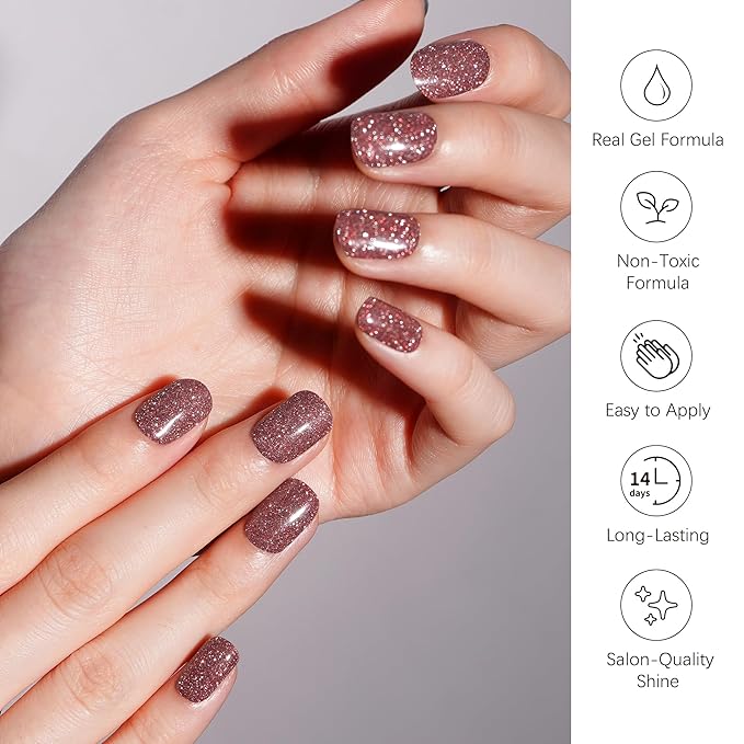 DANNI & TONI Semi Cured Gel Nail Strips Dusty Rose Brown Diamond Powder Gel Nail Stickers 28 Stickers | Mocha Sparkle