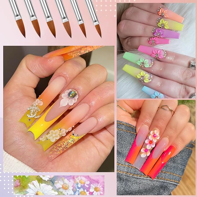 Acrylic Nail Brush Dappen Dish Set - 6Pcs Acrylic Nail Brush and 2Pcs Crystal Dappen Dish with Lid for Acrylics Nails, Monomer Dishs Nail Glass Cup Nail Art Brushs Set for Acrylics Nails Liquid Powder