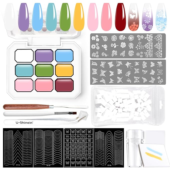 Gradient Gel Nail Set,16 Bright Color for Ombre Nail Polish Platte Kit with 14* Nail Art Tools, Summer Pat Painting Gel French Nail Manicure No-wipe Soak of UV DIY Art Home Salon