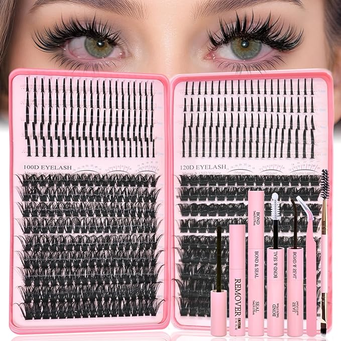 Lash Clusters Kit with Spikes, 100D+120D Eyelash Clusters Extensions Individual D Curl Fluffy Wispy False Eyelashes DlY Manga Lashes Extension Kit (12-22mm, Lash Clusters Kit)