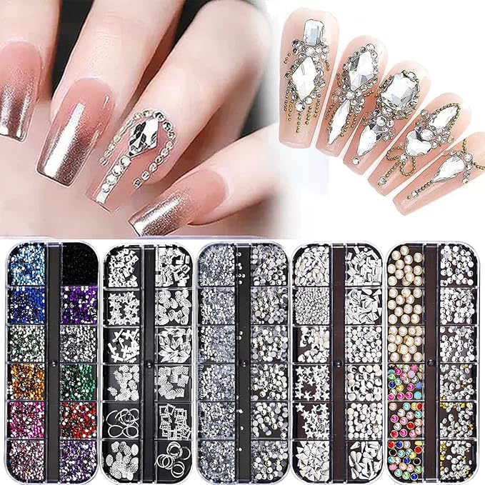 Silver Nail Charms Nail Art Kit with 30 Sheets Silver Nail Stickers, 5 Boxes of Nail Gems Nail Art Tools Nail Rhinestones for Nails, Nail Supplies 3D Nail Charms and Gems Nail Decals Nail Pearls