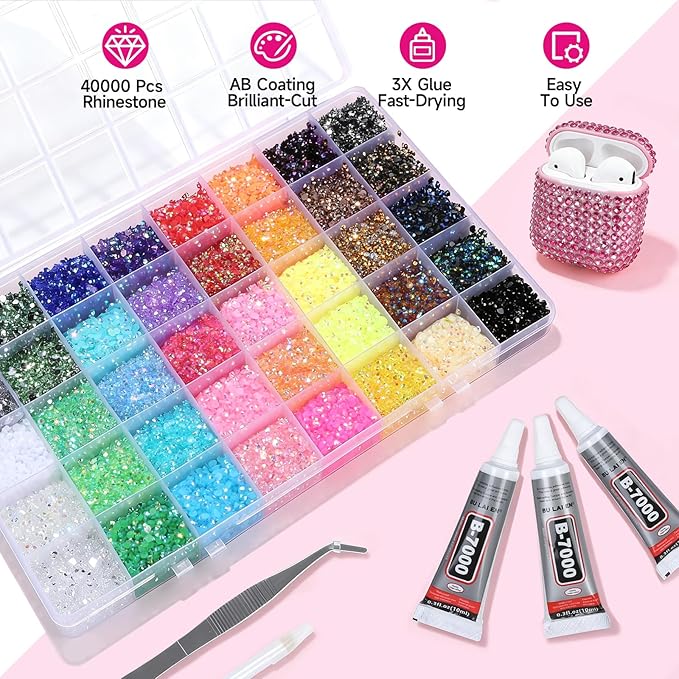 4mm Resin Rhinestones 40000Pcs, Bedazzling Kit with B7000 Glue, Tweezers & Pickup Pen, 40 Vibrant Colors for Nail Art, DIY Crafts, Clothes, Shoes, Graduation Cap, Jewelry, Art Painting & Decorations