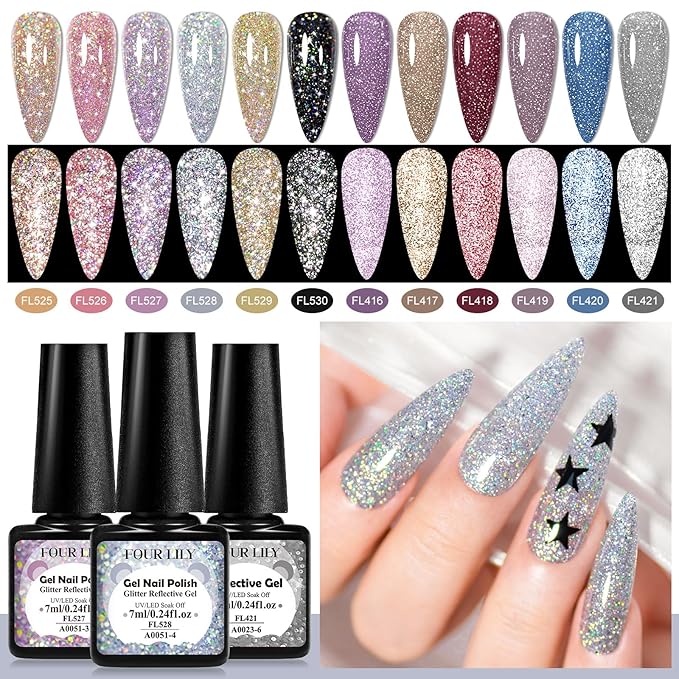 Reflective Glitter Gel Polish 12 Pcs, Flash Dimond Black Gold Silver Nail Polish Sparkly Shiny Nail Art UV LED Curing Need Nail Gel for Manicure DIY and Salon 7ML