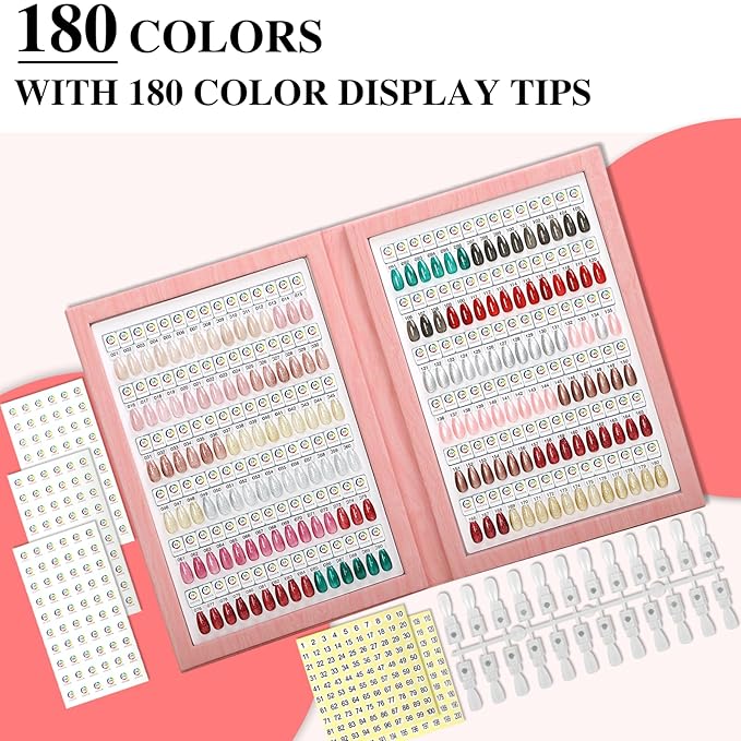 180 Magnetic Nail Color Book,Leather Magnetic Color Display Book with 192 Magnetic Tips & 1-180 Number Labels,Perfect for Nail Polish Nails Art Design(Pink)