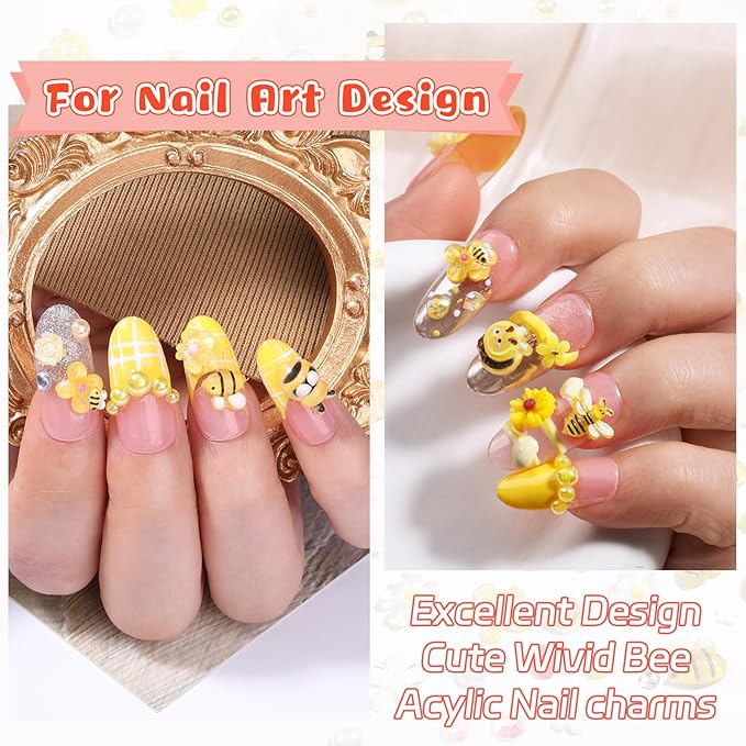 1200PCS Bee Flower Nail Charms Kit, 3D Daisy & Sunflower Resin Charms, Acrylic Bees, Half Pearls Rhinestones for Nail Art, DIY Crafts with Tweezers
