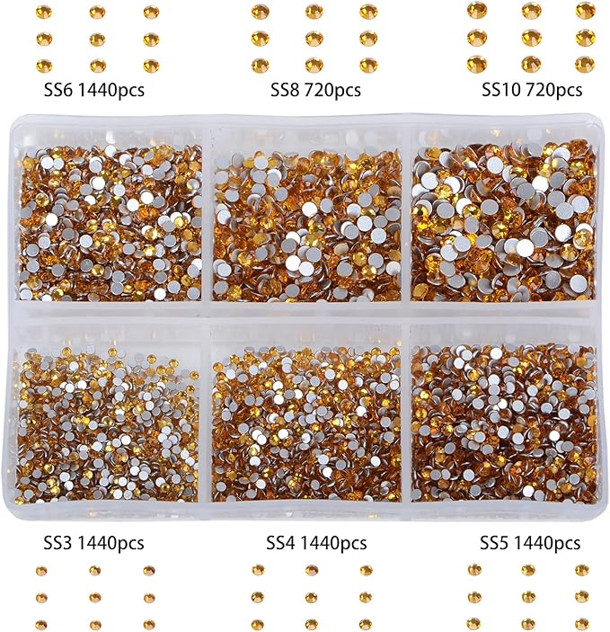 Bymitel 7200 Pieces 6 Mixed Sizes Glue Fix on Glass Rhinestones Round Crystal Gems Flatback for DIY Jewelry Making with one Picking Pen (6-Sizes 7200PCS, Topaz)