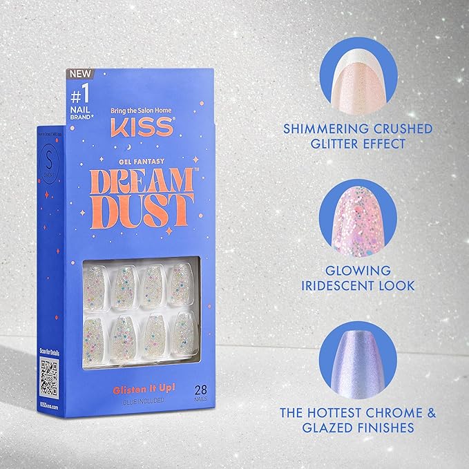 KISS Gel Fantasy, Press On Nails, Nail glue included, 'Champagnes', Light Blue, Short Size, Squoval Shape, Includes 28 Nails, 2G Glue, 1 Manicure Stick, 1 Mini File