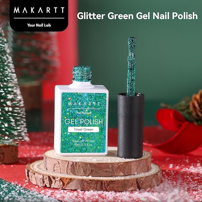 Makartt Christmas Green Glitter Gel Polish - 15ml Sparkly Shimmer Gel, UV Soak Off for Nail Art Design, DIY Home Salon Winter Manicure, Tinsel Green