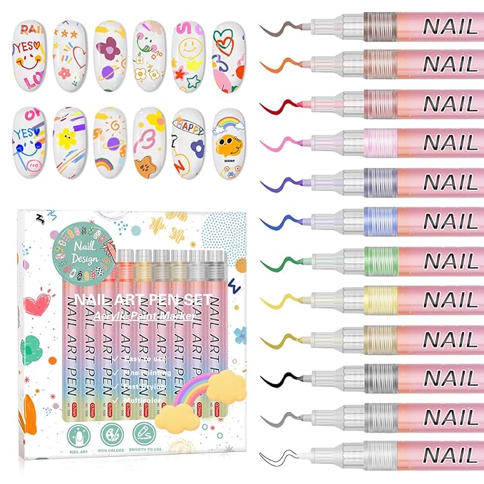 12 Colors Nail Art Pens Set, Nail Art Markers Polish Pens for Painting Nails, Acrylic Paint Drawing Painting Dotting Markers Pen Quick Drying Nail Art Design Manicure Tools 0.7mm