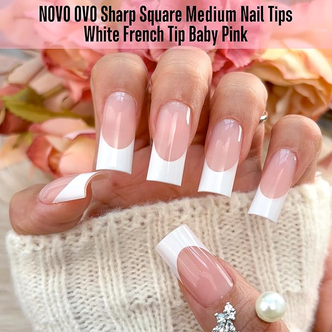 NOVO OVO Medium Sharp Square White French Tip Nail Tips Press on BABY PINK, Extra Thick NEED Builder Gel & Top Coat & Glue, Soft Gel Full Cover False Fake Nail Extension in Salon DIY x 15 Sizes 180 pc