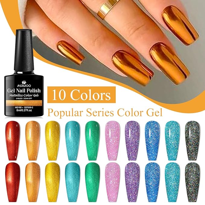 12Pcs Metallic Gel Nail Polish + Reflective Glitter Gel Polish Red Orange Pink Blue Green Neon Nail Polish Gel for Home Salon DIY Manicure Gift