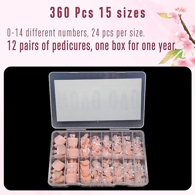 NOVO OVO Fake Toe Nail Tips Press on, French Tip Soft Gel Toenail Extension, BABY PINK Square Round Pre-applied Tip Primer & Base Coat, Full Cover Matte False Nails for DIY x 15 Sizes 360Pcs