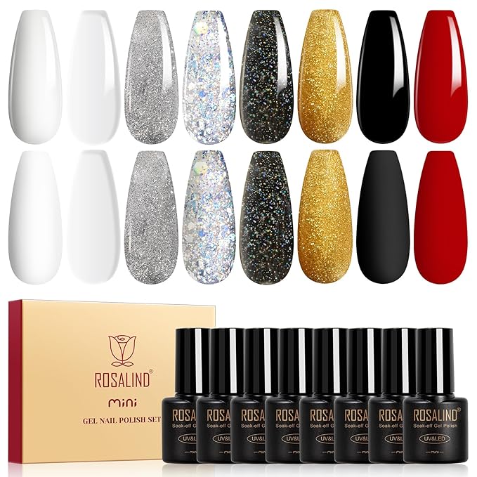ROSALIND White Black Gel Nail Polish, 8 Colors Silver Gold Gel Polish Soak Off UV Clear Glitter Sparkly Nail Polish Set for Home Salon Manicure
