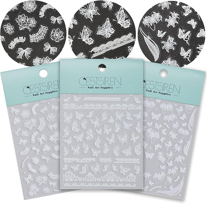 Lace Butterfly Nail Art Stickers, Thin White Nail Decals, Self-Adhesive, Summer Spring Nail Accessories for Women, Nail Decorations 3 Sheets