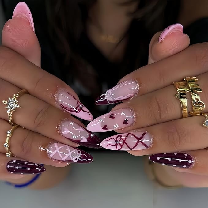 24Pcs Valentines Day French Tip Press on Nails Medium Almond Fake Nails with Pearl Bow Heart Designs Glossy False Nails Cute Polka Dots Burgundy Glossy Acrylic Nails Pink Heart Stick on Nail for Women