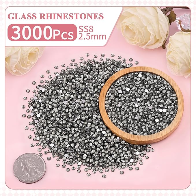 3000PCS SS8/2.5mm Crystal Rhinestones (Black Diamond) with 2Pcs 10ml B7000 Jewelry Glue, Bedazzling Flatback Glass Rhinestones for Crafting, Gems Diomand Charm for Tumbler Shoes Clothing Mugs Nail Art