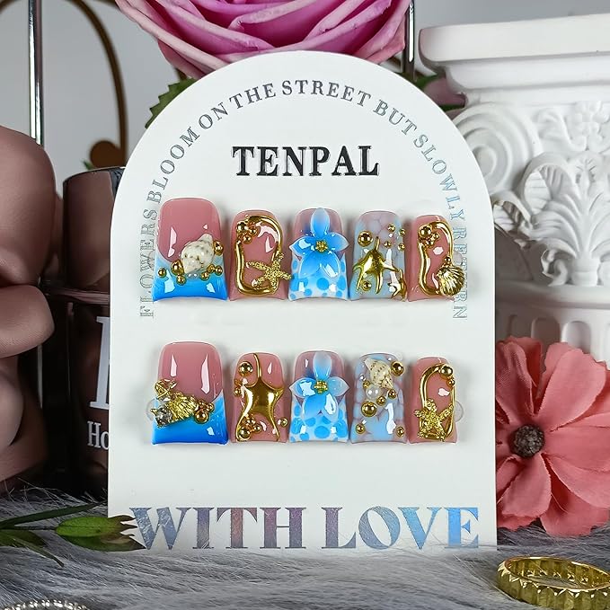 Handmade Duckbill Press on Nails - Ocean Blue Gold French Tips 3D Sea Shell Design Hand Painted Glossy False Nails for Women Girls- Acrylic Duck Shape Glue on Nails for Vacations Gifts(S)