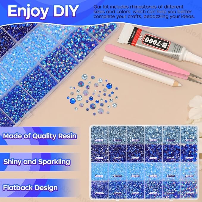 26000PCS Mixed Blue Resin Flatback Rhinestones for Crafting, Resin Rhinestones for Bedazzling Kit, 2/3/4/5/6mm Flatback Gems Jewels for DIY Mugs Tumblers Clothing Shoes Nail Art