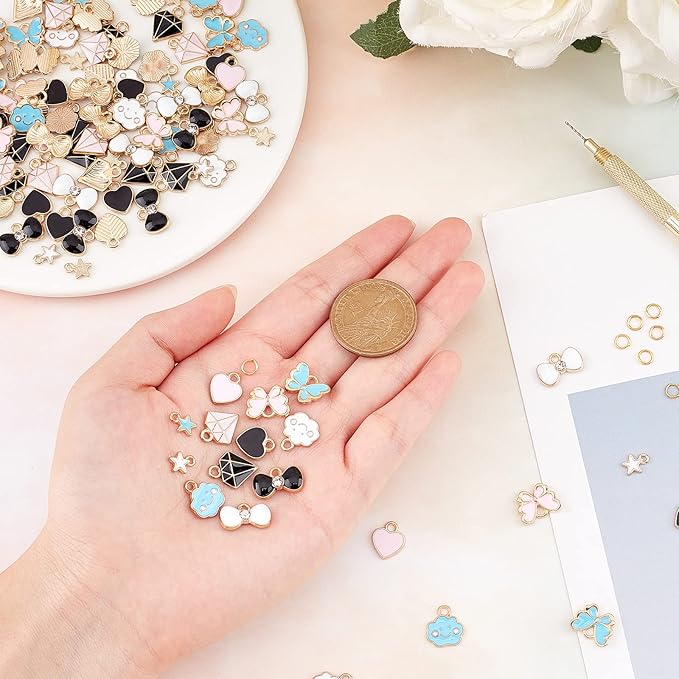 SUNNYCLUE 1 Box 270Pcs Nail Piercing Charms Set Art Pierced Tools Star Heart Butterfly Alloy Enamel Charms Dangle Hand Drill Jump Rings for Fingernail Jewelry Decorations Crafts Supplies