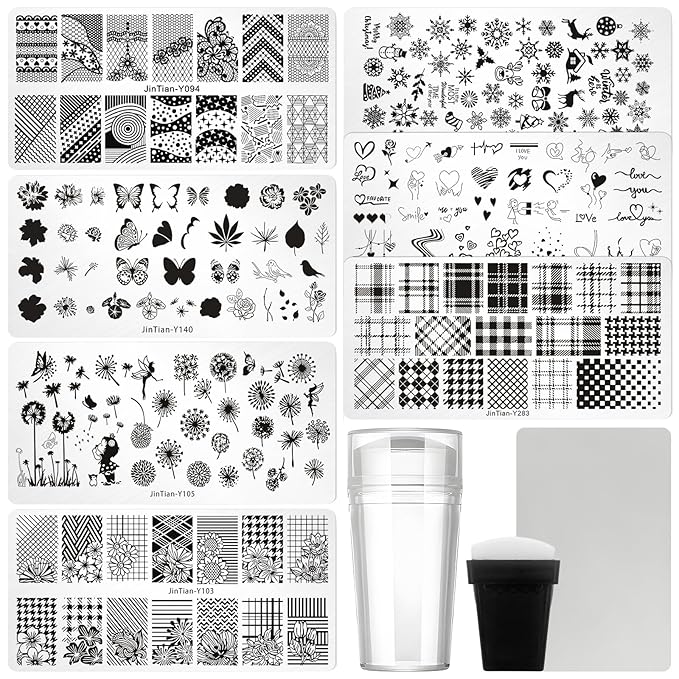 7pc Nail Stamping Plate Kit Letter Butterfly Nails Stamp Plate Lace Flower Geometric Nail Art Template Stencil Fingernail Polish Stamps Plates Set Stamper Scraper French Tips Nails Design Tools