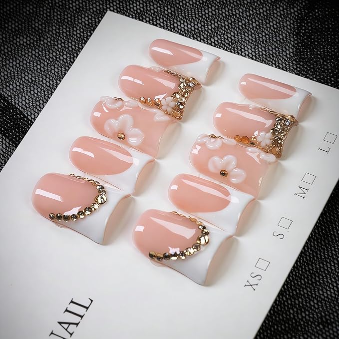 Duck Handmade Press on Nails Luxury 3D Flower & Rhinestone Fake Nails Muti-Layer Gel Acrylic Nail White French Tip False Nails with Design Full Cover Thicked Short Stick on Nail for Women (S)
