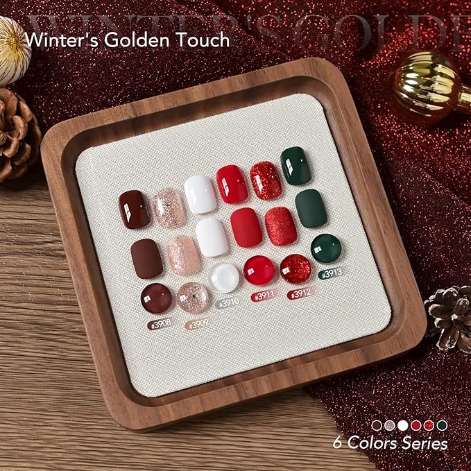 GAOY Christmas Red Gel Nail Polish Set, 6 Colors Glitter Burgundy Red Green Sparkle Gold, UV Light Cure Gel Polish for Nail Art DIY at Home