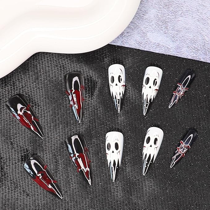 Long Stiletto Press on Nails - Halloween Fake Nails with White Skull & Demon Designs | 3D Acrylic Nail,Reusable | 12Size - 24Pcs with Jelly Glue,Halloween Decor