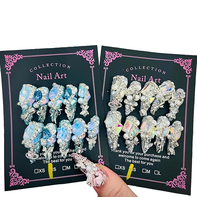 2Packs (20Pcs) Press on Nails Mystery Box Random 30mm Long Handmade Nails Manicure Charms Nails Art Nail Kit Press on Nails for Women Party Holiday Photo Wedding Size S