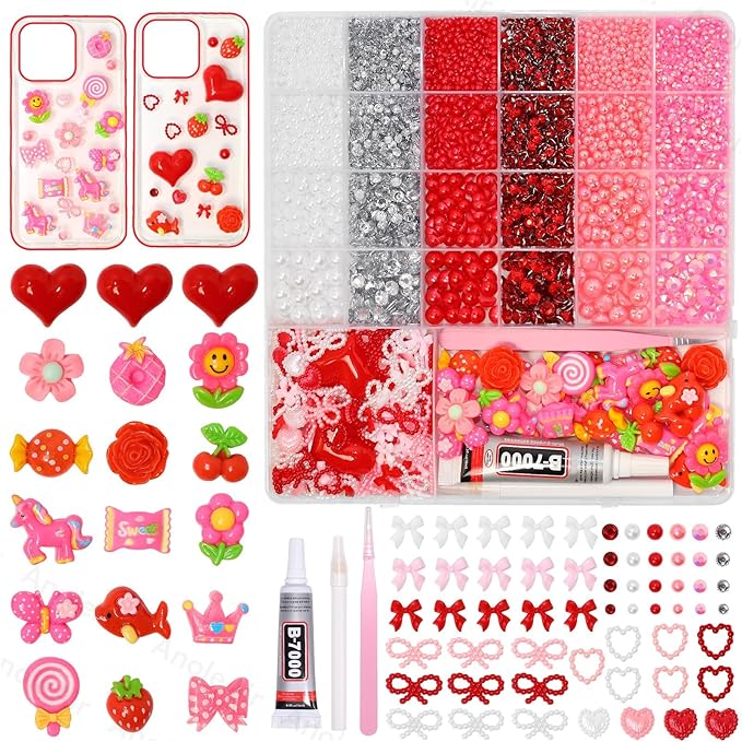 Junk Case Charms Kit, Pink Red Pearls Resin Rhinestones Bedazzling Kit, Cute Candy Bear Cartoon Phone Cases Charms, Junk Case with Big Charm for Crafts Nail Art DIY Accessories