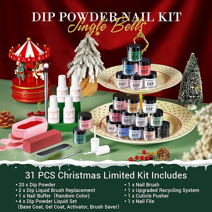 AZUREBEAUTY 31 PCS Dip Powder Nail Starter Kit Christmas Red Green Gold Grey Acrylic Dipping Powder 20 Colors Set with Recycle Tray Top/Base Coat Activator French Nail Art Manicure Salon