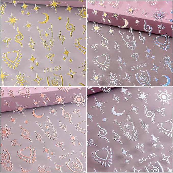 Moon Star Nail Stickers for Nail Art Metallic Sun Totem Nail Decals Holographic Laser Gold Silver Nail Stickers Sun Stars Moon Heart Boho Nail Art Designs Decals for Women Manicure 8 Sheets…