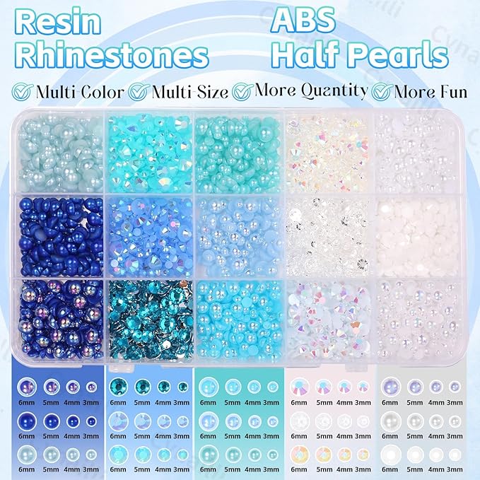 15 Grids Pearls and Resin Rhinestones for Crafting, Blue White Bedazzling Gems Kit, Jelly Resin Rhinestones for Nails Face Eyes Makeup Crafts Tumblers Bottles